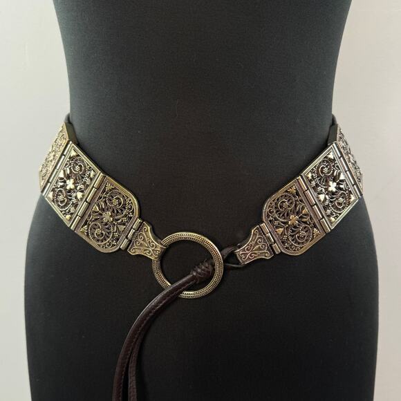 BRIGHTON Brown Gold Belt Silver Light Gold Leather Tie Casual Size Medium M main image 7